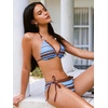 CUPSHE Women’s Bikini Set Two Piece Swimsuit Scalloped V Neck Halter Bathing Suit Low Rise High Cut Color Block Side Tie(Sky Blue/Brown)