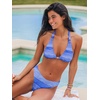 CUPSHE Women’s Bikini Set Two Piece Swimsuit Sexy Mid Rise Bathing Suit Halter Back Self Tie Cheeky Bottom Textured(Blue/Striped)