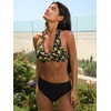 CUPSHE Women’s Bikini Set V Neck Two Piece Swimsuit Ruffle Halter Back Self Tie Mid Rise Bathing Suit(Brown/Yellow Tropical)