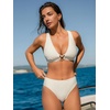 CUPSHE Women’s Bikini Sets Two Piece Swimsuit High Waisted Deep V Neck Textured Crossback Self Tie Cutout Bathing Suit(Cream White)