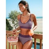 CUPSHE Women’s Bikini Sets Two Piece Swimsuit Sporty Mid Rise Scoop Neck Adjustable Spaghetti Straps Textured Midkini(Purple/Polka Dot)