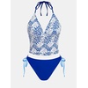 CUPSHE Women’s Tankini Set Swimsuit Cute Halter Strap Color Block Bathing Suit String Side Tie Mid Rise Swimwear 2026(Dark Blue/White)