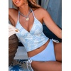 CUPSHE Women’s Tankini Set Swimsuit Cute Halter Strap Color Block Bathing Suit String Side Tie Mid Rise Swimwear 2026(Light Blue/White)