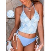 CUPSHE Women’s Tankini Set Swimsuit Cute Halter Strap Color Block Bathing Suit String Side Tie Mid Rise Swimwear 2026(Light Blue/White)