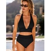 CUPSHE Women’s Tankini Set Swimsuit High Waisted Bathing Suit V Neck Halter Straps Ruching O Ring Swimwear(Black)