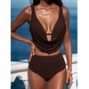 CUPSHE Women’s Two Piece Bikini Sets High Waisted Deep V Cowl Neck Ruching Crisscross Back Hook Adjustable Straps(Chocolate Brown)
