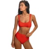 CUPSHE Two Piece Swimsuit for Women Bikini Set High Waist Scoop Neck Adjustable Straps Textured Bathing Suits(Orange Red)