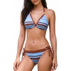 CUPSHE Women’s Bikini Set Two Piece Swimsuit Scalloped V Neck Halter Bathing Suit Low Rise High Cut Color Block Side Tie(Sky Blue/Brown)