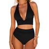 CUPSHE Women’s Tankini Set Swimsuit High Waisted Bathing Suit V Neck Halter Straps Ruching O Ring Swimwear(Black)