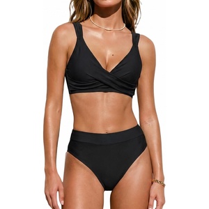 CUPSHE Women’s Bikini Sets Two Piece Swimsuit High Waisted Bathing Suit V Neck Twist Front Adjustable Wide Straps(Black)