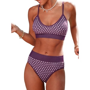 CUPSHE Women’s Bikini Sets Two Piece Swimsuit Sporty Mid Rise Scoop Neck Adjustable Spaghetti Straps Textured Midkini(Purple/Polka Dot)