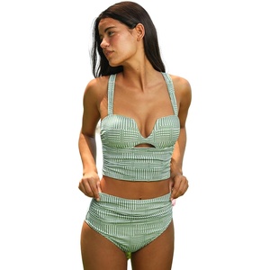 CUPSHE Women’s Tankini Swimsuits High Waisted Two Piece Bathing Suit Cutout Full Coverage Ruched Midikini(Sage Green/Gingham)