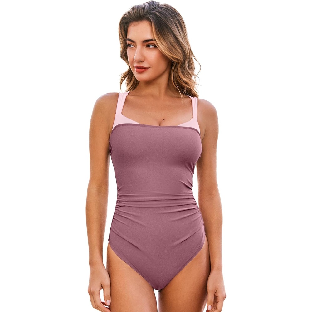 image:imageCUPSHE Womens One Piece Swimsuit Square Neck Adjustable Straps Bathing Suit Back Self Tie Strappy Ruched Color BlockDusty BerryPink