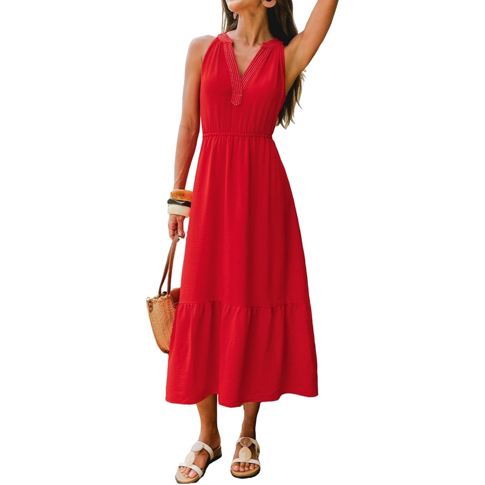 image:imageCUPSHE Womens Summer Boho Dresses Sleeveless VNeck Casual ALine Ruffle Hem Flowy Resort Beach Vacation Sundress Maxi DressRed