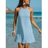 CUPSHE Womens Knit Summer Dress Round Neck A Line Casual Beach Vacation Holiday Sun Dress Wedding Guest Short Mini Dress(Light Blue)