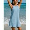 CUPSHE Womens Knit Summer Dress Round Neck A Line Casual Beach Vacation Holiday Sun Dress Wedding Guest Short Mini Dress(Light Blue)