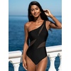 CUPSHE Women’s One Piece Swimsuit Asymmetrical One Shoulder Neck Bathing Suit Adjustable Straps Mesh Swimwear(Black)