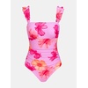 CUPSHE Women’s One Piece Swimsuit Bandeau Neck Ruffle Sleeves Bathing Suit Adjustable Straps Hook Ruched Swimwear(Pink/Floral)