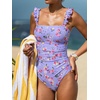 CUPSHE Women’s One Piece Swimsuit Bandeau Neck Ruffle Sleeves Bathing Suit Adjustable Straps Hook Ruched Swimwear(Purple/Pink Floral)