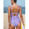 CUPSHE Women’s One Piece Swimsuit Bandeau Neck Ruffle Sleeves Bathing Suit Adjustable Straps Hook Ruched Swimwear(Purple/Pink Floral)