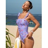 CUPSHE Women’s One Piece Swimsuit Bandeau Neck Ruffle Sleeves Bathing Suit Adjustable Straps Hook Ruched Swimwear(Purple/Pink Floral)