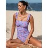 CUPSHE Women’s One Piece Swimsuit Bandeau Neck Ruffle Sleeves Bathing Suit Adjustable Straps Hook Ruched Swimwear(Purple/Pink Floral)