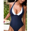 CUPSHE Women’s One Piece Swimsuit Deep V Neck Bathing Suit Color Block Crossback Straps Full Coverage Swimwear(Navy Blue/White)
