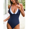 CUPSHE Women’s One Piece Swimsuit Deep V Neck Bathing Suit Color Block Crossback Straps Full Coverage Swimwear(Navy Blue/White)