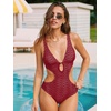 CUPSHE Women’s One Piece Swimsuit Monokini Plunging Neck Cutout Bathing Suit Halter Ties Adjustable Straps Swimwear(Brick Red/Stripe)
