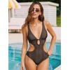 CUPSHE Women’s One Piece Swimsuit Monokini Plunging Neck Cutout Bathing Suit Halter Ties Adjustable Straps Swimwear(Brown/Stripe)