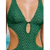 CUPSHE Women’s One Piece Swimsuit Monokini Plunging Neck Cutout Bathing Suit Halter Ties Adjustable Straps Swimwear(Emerald Green/Stripe)