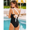 CUPSHE Women’s One Piece Swimsuit One Shoulder Dual Straps Adjustable Self Tie Bathing Suit Color Block Swimwear(Black/White)