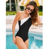CUPSHE Women’s One Piece Swimsuit One Shoulder Dual Straps Adjustable Self Tie Bathing Suit Color Block Swimwear(Black/White)