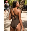 CUPSHE Women’s One Piece Swimsuit One Shoulder Dual Straps Adjustable Self Tie Bathing Suit Color Block Swimwear(Brown)