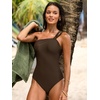 CUPSHE Women’s One Piece Swimsuit One Shoulder Dual Straps Adjustable Self Tie Bathing Suit Color Block Swimwear(Brown)
