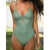 CUPSHE Women’s One Piece Swimsuit Plunging Neck V Wire Bathing Suit Crisscross Straps Adjustable Self Tie Swimwear(Sage Green/Geometric)