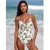 CUPSHE Women’s One Piece Swimsuit Plunging Neck V Wire Bathing Suit Crisscross Straps Adjustable Self Tie Swimwear(White/Black Tropical Leaf)