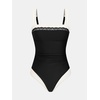 CUPSHE Women’s One Piece Swimsuit Ruched Slimming Bathing Suit Square Neck Lace Trim Color Block Swimwear(Cream White/Black)