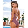CUPSHE Women’s One Piece Swimsuit Square Neck Adjustable Straps Bathing Suit Back Self Tie Strappy Ruched Color Block(Dusty Berry/Pink)