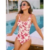 CUPSHE Women’s One Piece Swimsuit Square Neck Tie Bathing Suit Adjustable Straps Back Hook Ruching(Pink Floral)