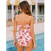 CUPSHE Women’s One Piece Swimsuit Square Neck Tie Bathing Suit Adjustable Straps Back Hook Ruching(Pink Floral)