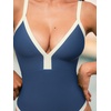 CUPSHE Women’s One Piece Swimsuit V Neck Back Self Tie Color Blocking Adjustable Straps Bathing Suit(Blue/White)