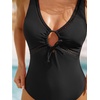 CUPSHE Women’s One Piece Swimsuit V Neck Bathing Suit Drawstring Front Tie Cut Out Full Coverage Swimwear Ladder Trim(Black)