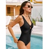 CUPSHE Women’s One Piece Swimsuit V Neck Bathing Suit Drawstring Front Tie Cut Out Full Coverage Swimwear Ladder Trim(Black)