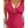 CUPSHE Women’s One Piece Swimsuit V Neck Bathing Suit Drawstring Front Tie Cut Out Full Coverage Swimwear Ladder Trim(Red)
