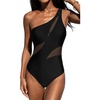 CUPSHE Women’s One Piece Swimsuit Asymmetrical One Shoulder Neck Bathing Suit Adjustable Straps Mesh Swimwear(Black)