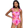 CUPSHE Women’s One Piece Swimsuit Bandeau Neck Ruffle Sleeves Bathing Suit Adjustable Straps Hook Ruched Swimwear(Pink/Floral)