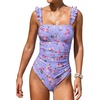 CUPSHE Women’s One Piece Swimsuit Bandeau Neck Ruffle Sleeves Bathing Suit Adjustable Straps Hook Ruched Swimwear(Purple/Pink Floral)