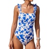 CUPSHE Women’s One Piece Swimsuit Bandeau Neck Ruffle Sleeves Bathing Suit Adjustable Straps Hook Ruched Swimwear(Royal Blue Floral)