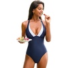CUPSHE Women’s One Piece Swimsuit Deep V Neck Bathing Suit Color Block Crossback Straps Full Coverage Swimwear(Navy Blue/White)
